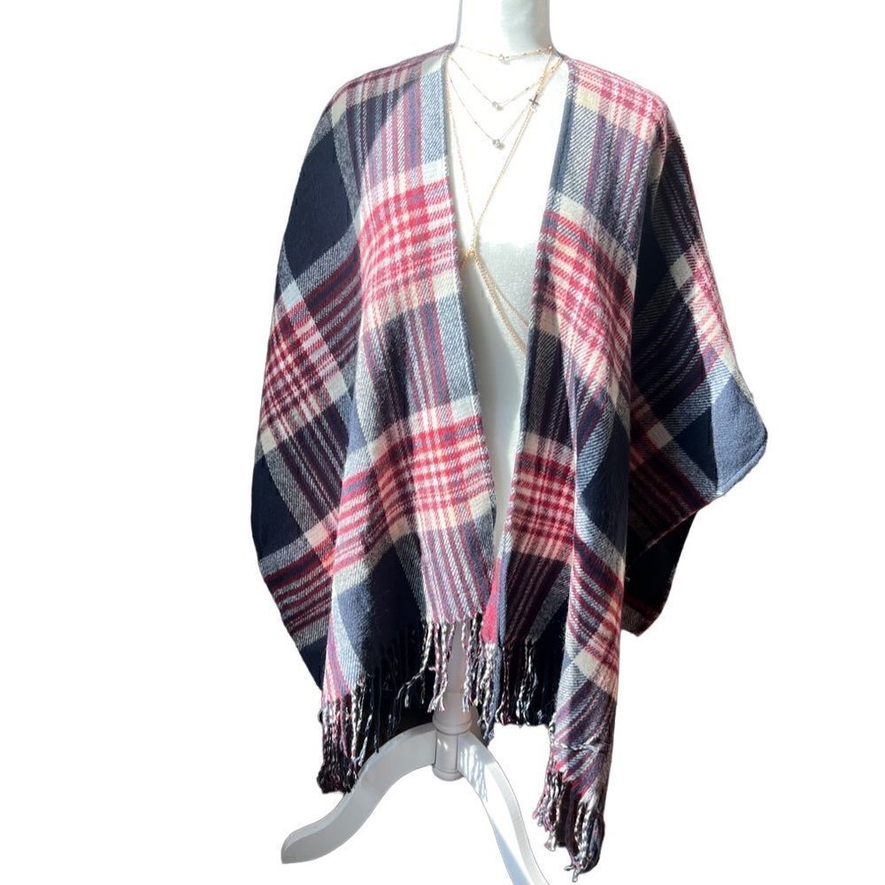 Jessica Simpson poncho plaid red blue open front one size